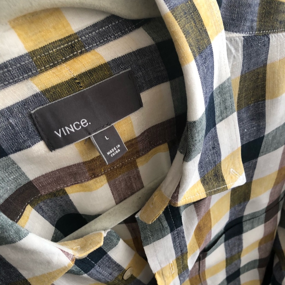 Plaid Linen Vince Button Down Sz L